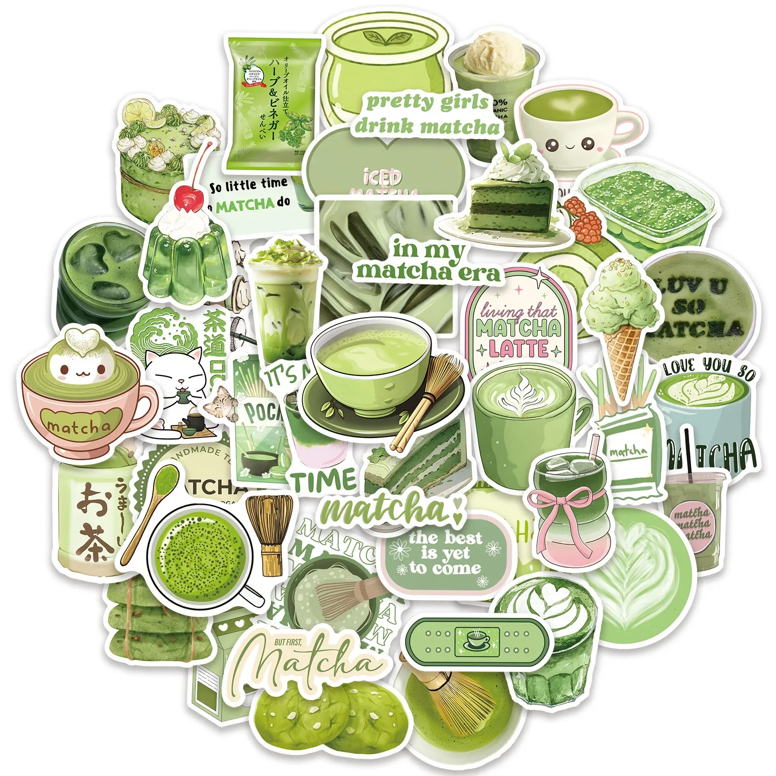 50PCS Grün INS Stil Matcha Dessert Cartoon Nette Spaß Doodle Aufkleber DIY Wasser Tasse Gitarre Wasserdicht Aufkleber kinder Spielzeug geschenke