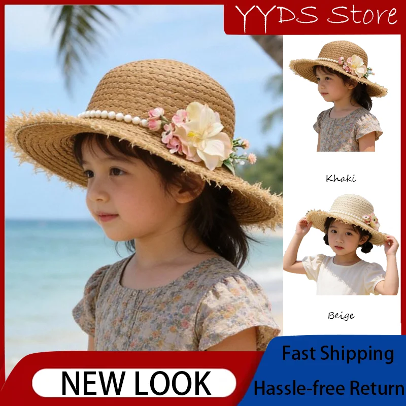 

Summer Floral Large Brim Straw Sun Hat UV Protection Beach Cap for Little Girls Kids Outdoor Seaside Travel Wear