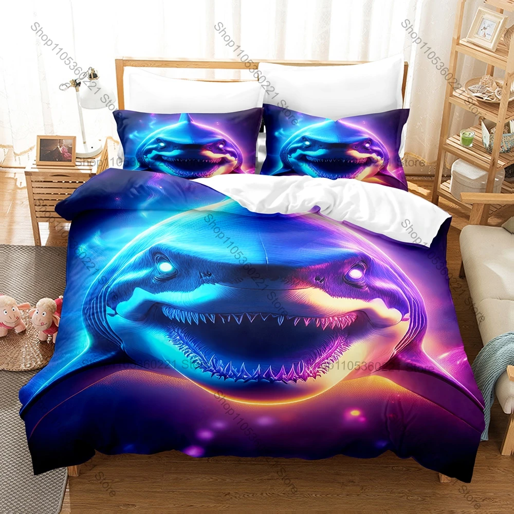 Juego de Ropa de Cama de Tres Piezas con Diseño de Tiburón de Dibujos Animados 2026, Juego de Edredón de Lujo con Tamaño Queen y King, Dos Fundas de Almohada, Juego de Ropa de Cama de Anime