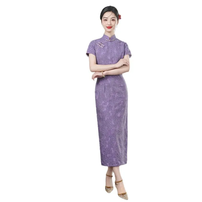 Yourqipao النمط الصيني مزاجه الأرجواني تحسين شيونغسام سليم الرجعية الأداء تشيباو مساء اللباس للنساء الطرف