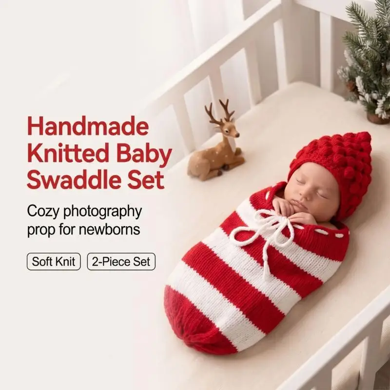 Knitted Newborn Photo Prop Outfit with Red and White Patterned Wrap-Style Garment and Pointed Hat for Coordinated Christmas A2UB