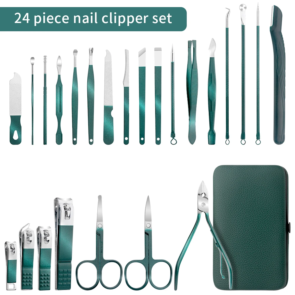 Green 24 pcs Stainless Steel Nail Cutter and Pedicure Scissors Set - Portable Manicure and Pedicure Tool Nail Clipper Set