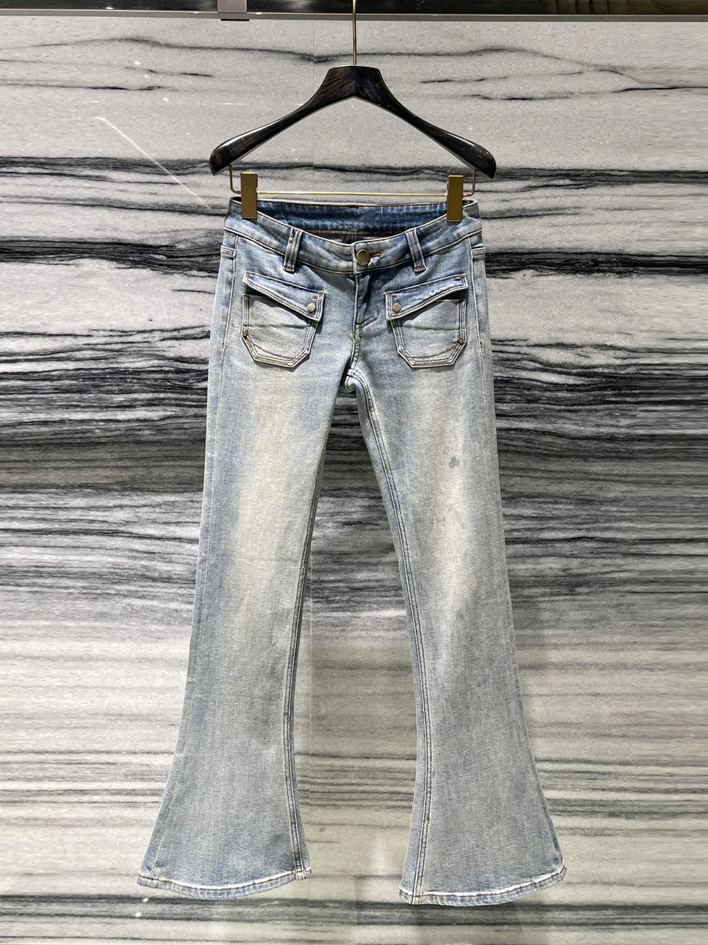 

High Waist Flared Jeans Retro Washed Double Pocket Casual Style Blue Denim Pants for Women Spring Summer Seasonal Wear