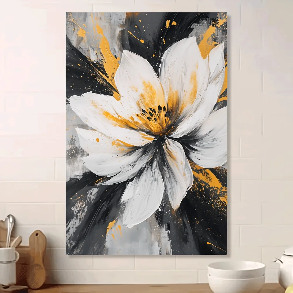 1pc Unframed Canvas Art Print - Vibrant White Flower with Golden and Black Splashes, Modern Abstract Wall Decor for Living Room,