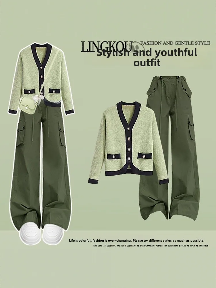 

Fashionable Large Size Autumn Knitted Set Women's Style Dopaamine Cardigan And Slimming Slimming Workwear Pants Two Pie...