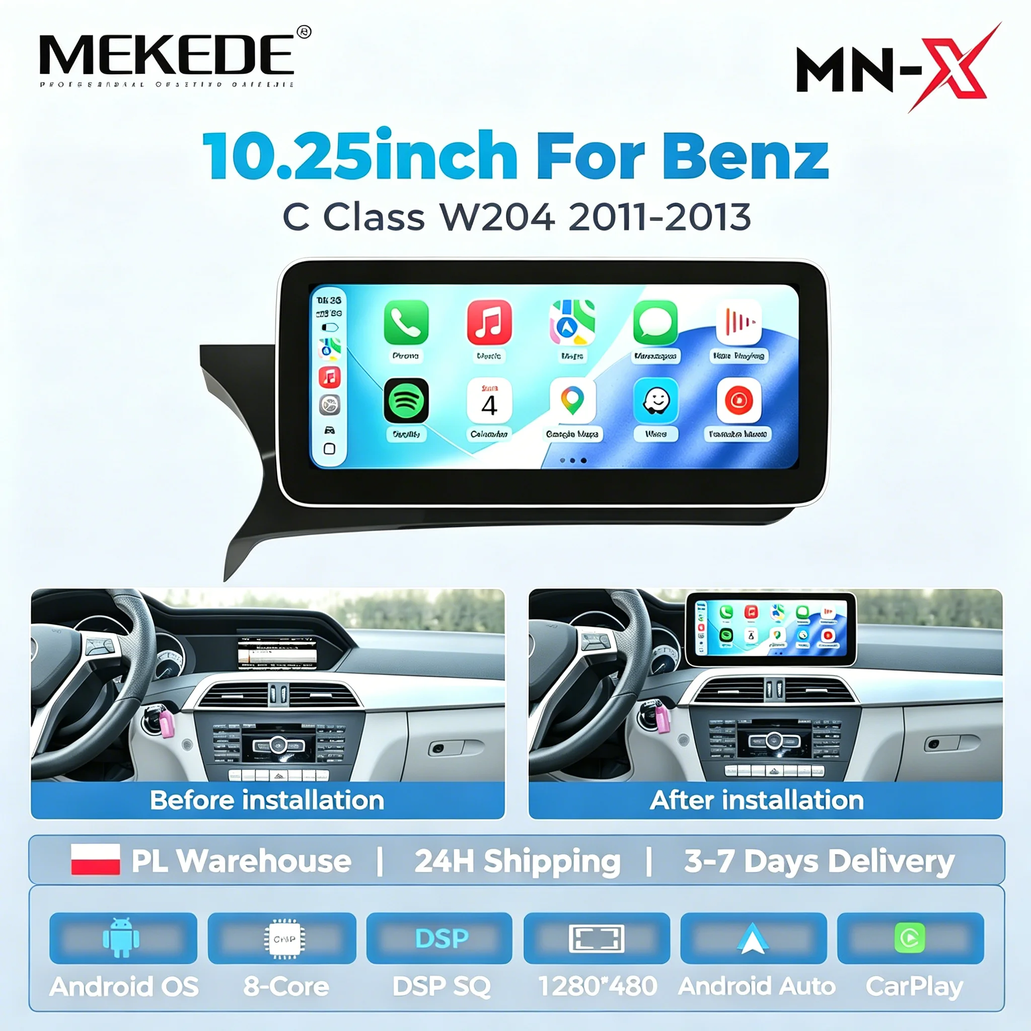 Lecteur multimédia automobile MEKEDE pour Mercedes Benz Classe C W204 2011 2012 2013 NTG4.5 Radio DSP FM Stéréo Prise en charge Bluetooth CarPlay Android Auto Airplay Écran tactile 10,25 pouces Double système Commutateur automobile Transmetteur Maintien des informations d'origine de la voiture Autoradio