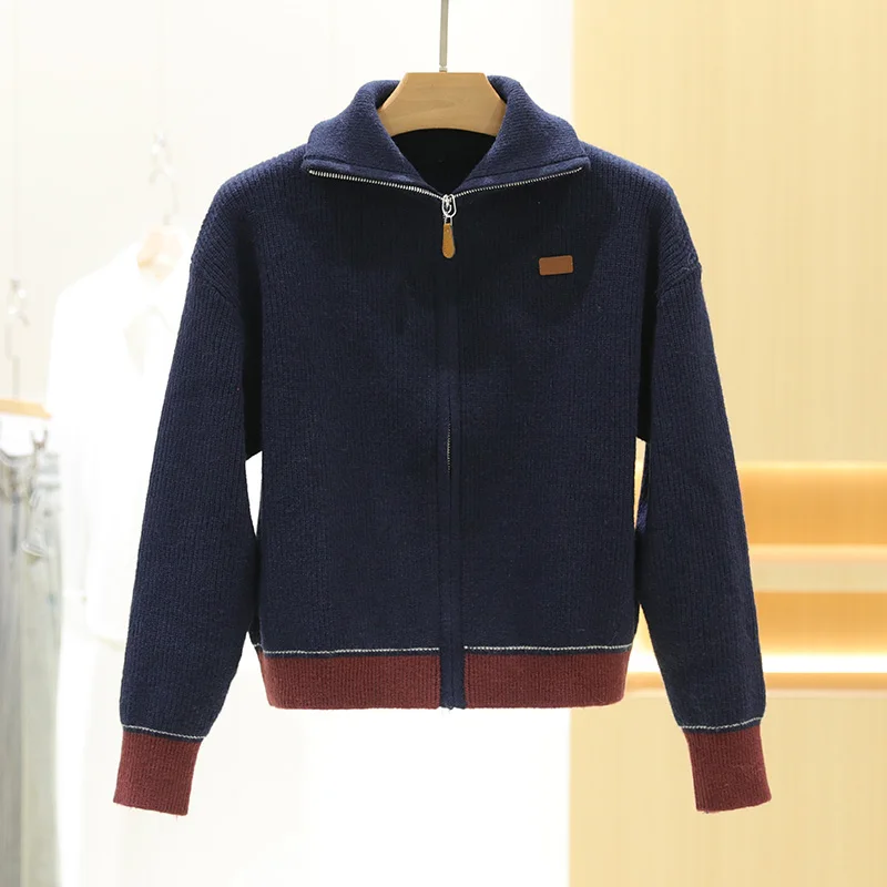 Sweter rozpinany damski, dzianinowy, wyszczuplający, modny, z blokami kolorów, odzież wierzchnia zimowa, do pracy, długi rękaw, zapinany na zamek.