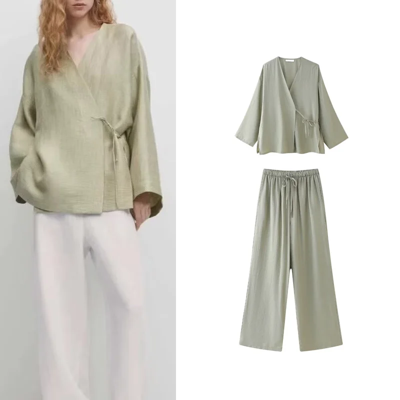 MD Women's Fashionable Comfortable Mixed Fiber Long Sleeve Shirt V-Neck Belted High Waist Draping Pants Summer 2024