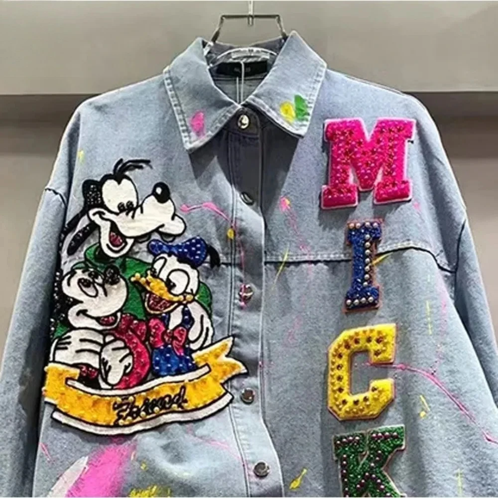 

Disney 2023, осенняя новая модная рубашка с вышивкой из мультфильма, женская свободная универсальная джинсовая куртка среднего и длинного размера Tide
