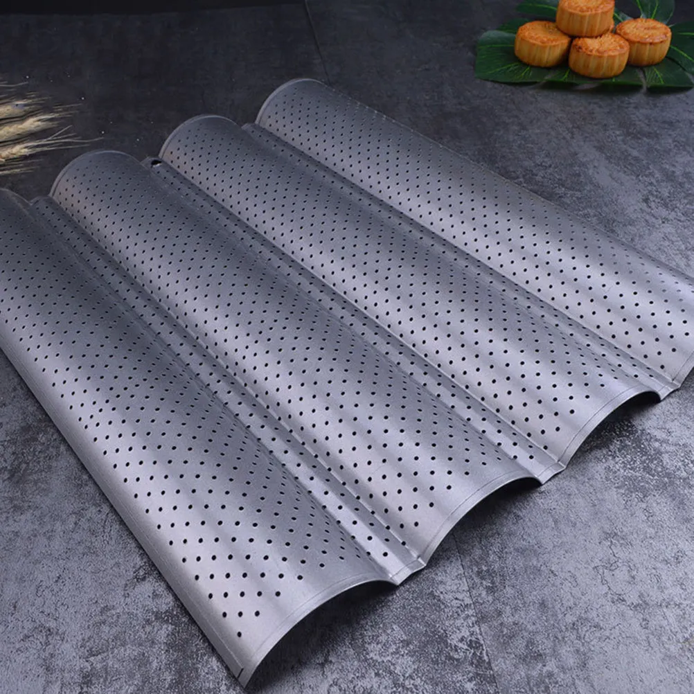 4-Well Perforated French Bread Pan Heavy Duty Nonstick Carbon Steel Bake Mold Oven Toaster Crispy Loaf Baking Pan