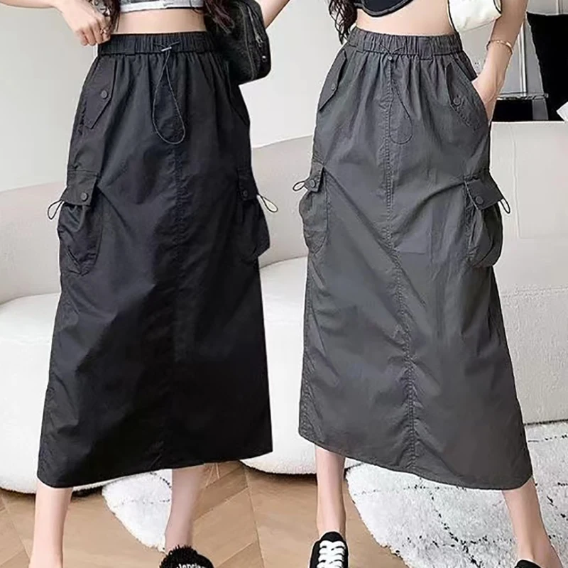 

Fashion Retro Big Pocket Drawstring High Waist Loose Skirt For Women