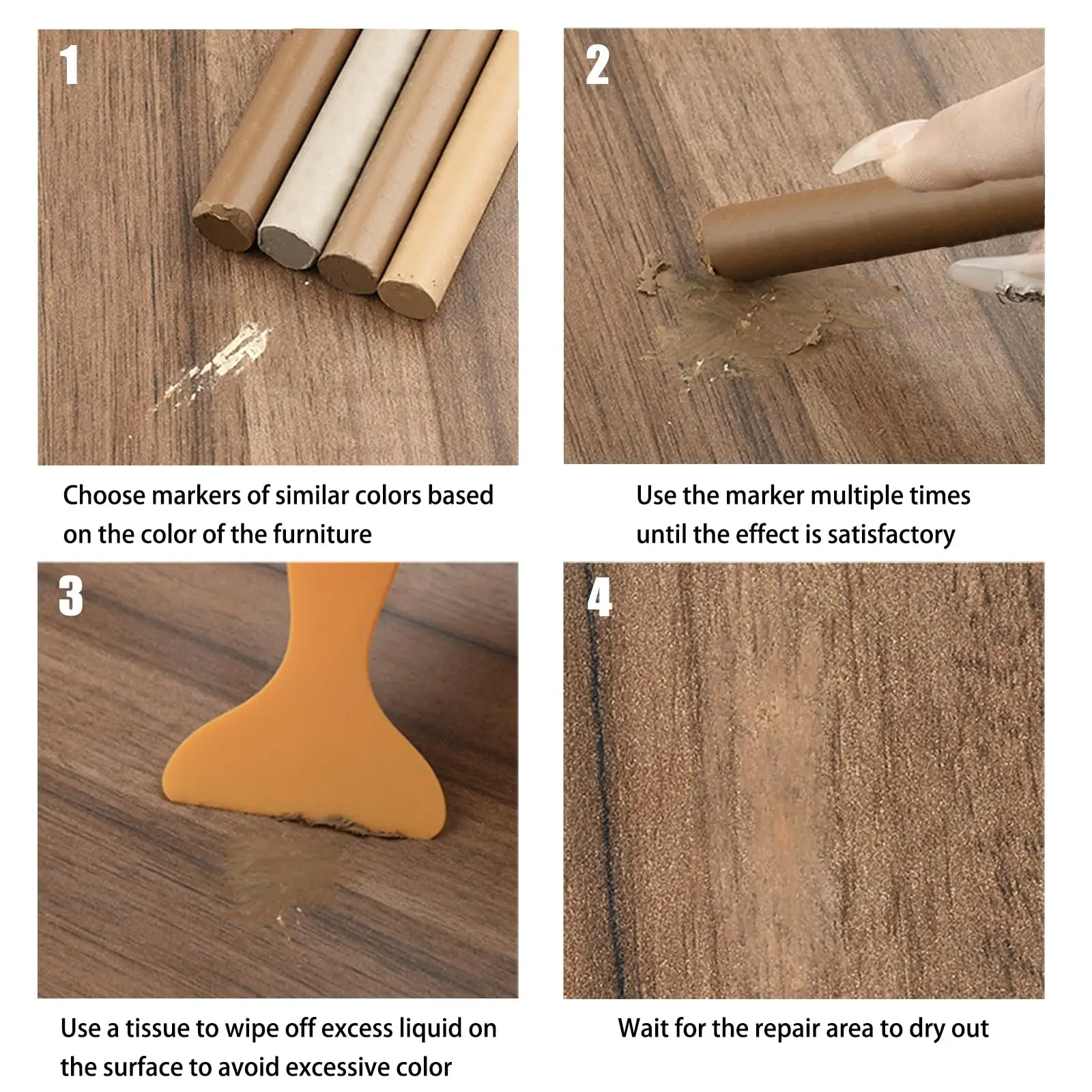 طقم إصلاح الأثاث الخشبي مكون من 12 قطعة - أقلام/أقلام شمع لملء الخدوش على الأرض/الطاولات #4