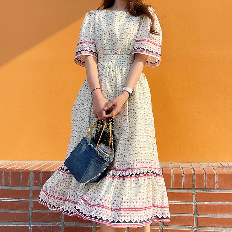 Retro ort Sve Floral Patchwork Color Blo Striped Waist Cinched Fi Tail Dr Women's Summer Ethnic Sle Dr