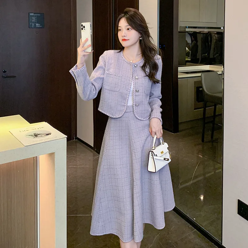 

Real Shot Spring/Autumn Lady-like Chic Style Hong Kong Style Vintage Fashionable Elegant Large Swing Half-skirt Two-piece Set