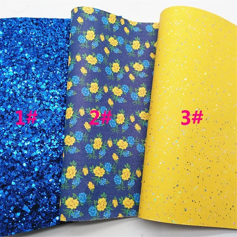 Blue Glitter Leather Sheets Flowers Printed Synthetic Leather Iridescent Glitter Leather Litchi for DIY Craft 8.2