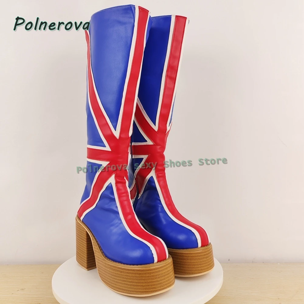 الاتحاد جاك منصة أحذية الموضة جولة تو سميكة وحيد مختلط الألوان سحب على فتاة حار حذاء برقبة للركبة نمط الشارع 2025 الاتجاه