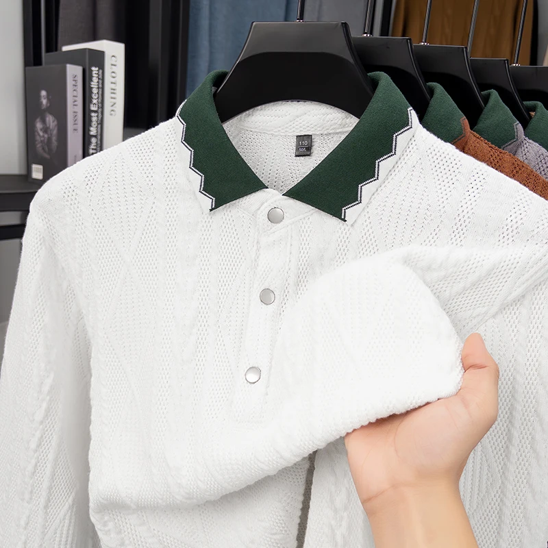 

High quality retro color blocked long sleeve T-shirt men autumn and winter trendy jacquard design warm casual knitted polo shirt