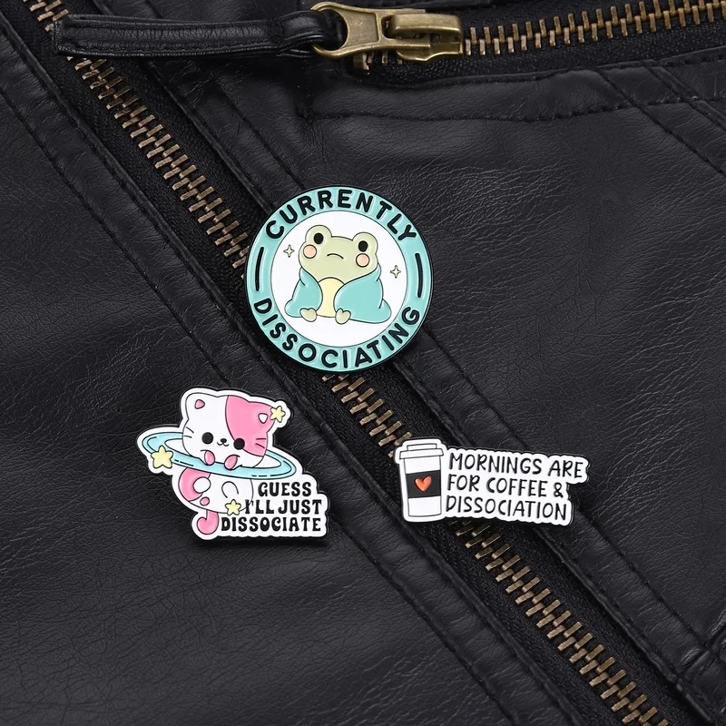 Mental Health Meme Trio Pin Dissociation Cat Frog Coffee Brooches Accessory for Daily Wear Whimsical Anxiety Relief Style