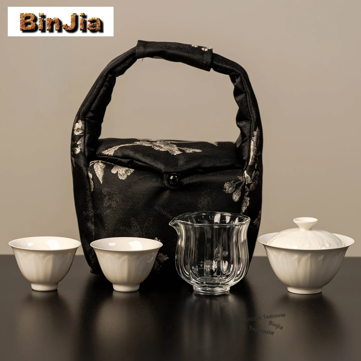 Apricot White Relief Lotus Petal Travel Tea Set Kit Elegant 1 Pot 3 Cups Tea Maker Organizer Portable Camping Handbag Craft