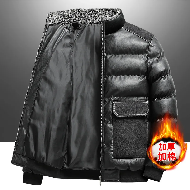 Men's Winter Bright Cotton-padded Jacket Stand-up Collar PU Large Pockets Casual Coat Waterproof Easy To Clean Thickened Jackets