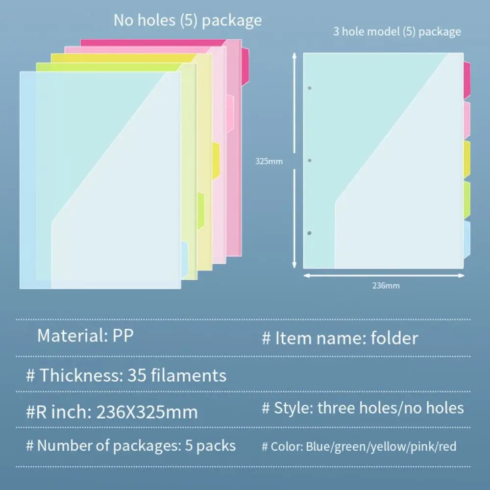 5Pcs Document Organizer Index Page Folders Colored Labels 3 Holes Binder Dividers Pockets Wear-Resistant Separator