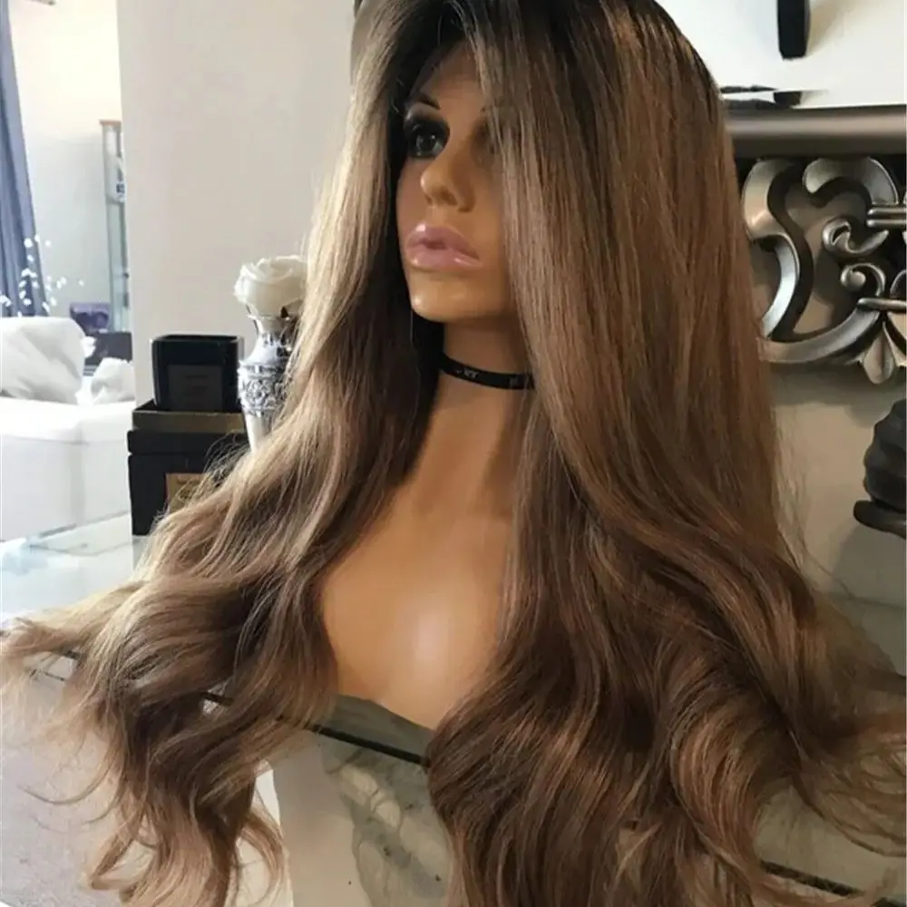 

Роскошный синтетический парик с волнистыми прядями и кружевной передней частью для женщин, 26 дюймов, омбре, шоколадно-коричневый, без клея, термостойкий, 100% премиальное волокно