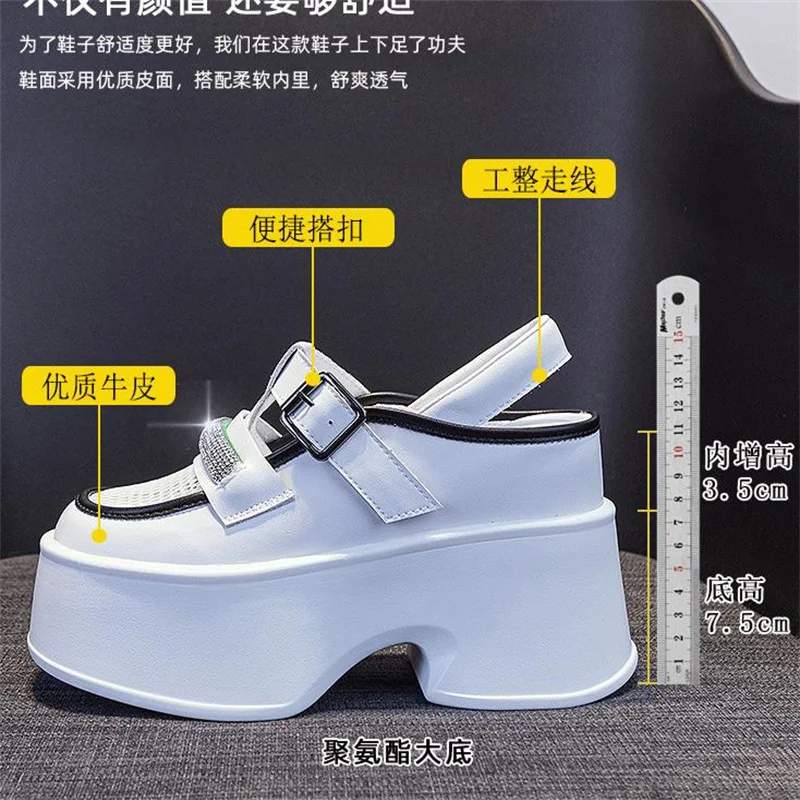 

11cm New Air Mesh Genuine Leather Platform Chunky Sneakers Women Sandals Casual Hollow Rhinestone Summer Slippers Shoes 33--39