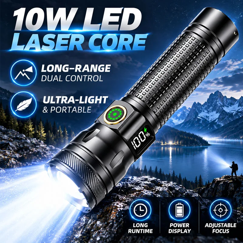 Portable Zoomable LED Flashlight with Digital Battery Display Type-C Charging Durable Aluminum Alloy Body Waterproof Hand Torch