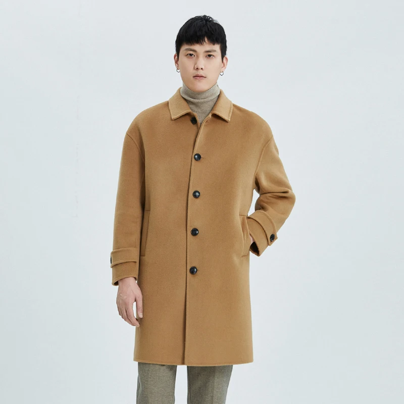 Jueqi men's Korean-style cashmere coat, medium length double-faced wool coat, 100% pure wool camel-colored coat, MR-3024