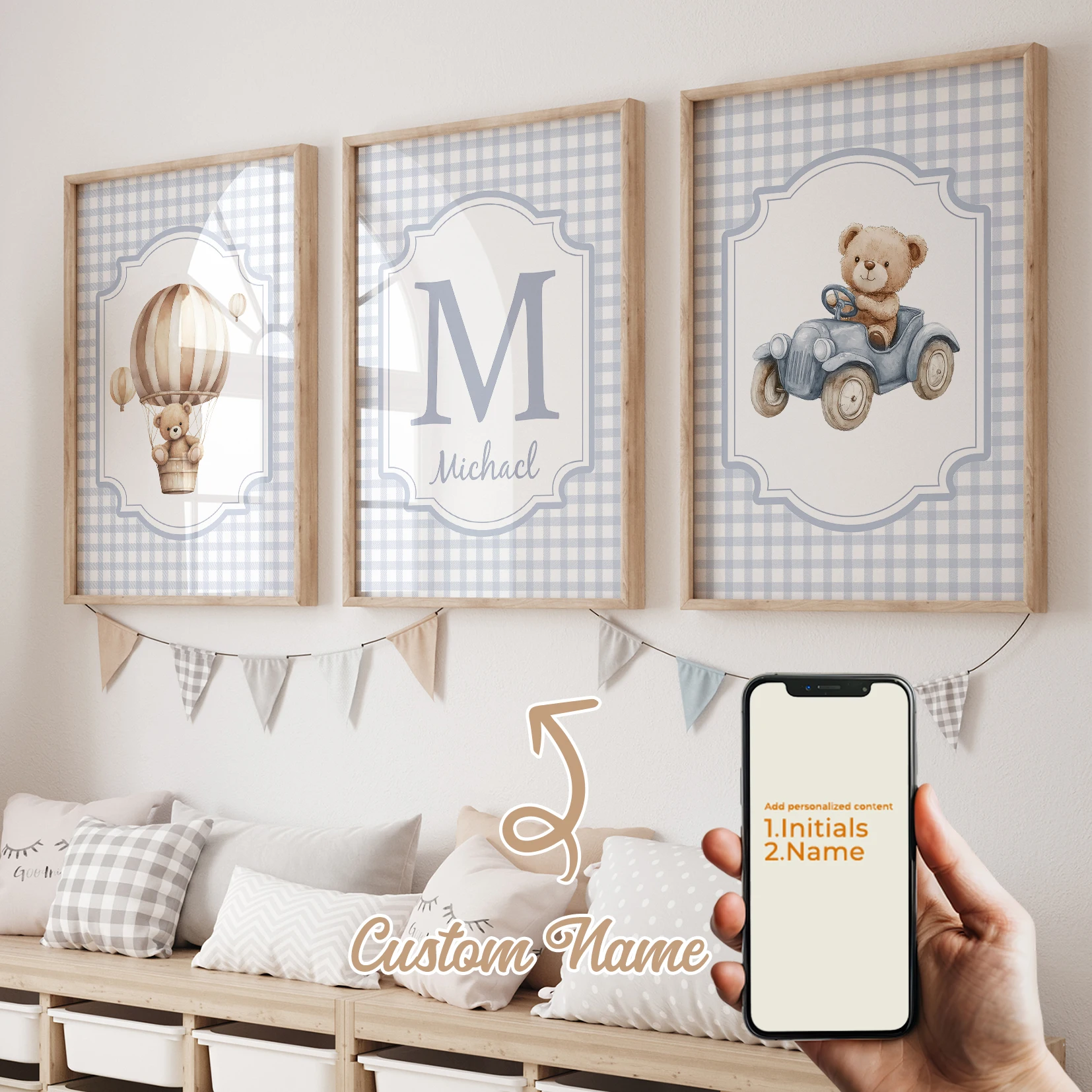3pcs Personalized Custom Name Cartoon Child Teddy Bear Wall Art Print Picture Canvas Poster Painting For Living Room Home Decor