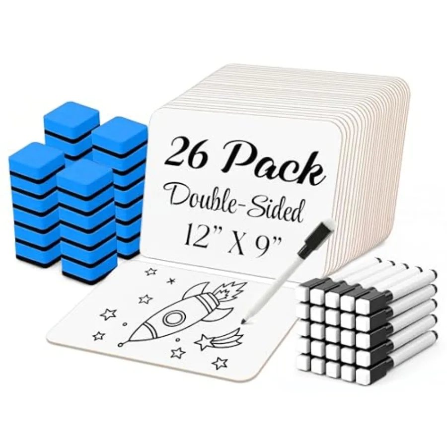 

26 Pack Dry Erase Lapboards 12" x 9" - Double Sided Small Dry Erase Boards with 26 Markers and Erasers - Bulk Mini White Boards