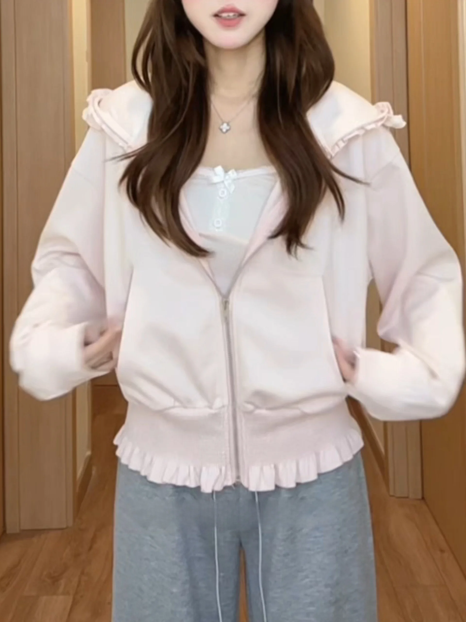 Cute Pink Folded Hem Hoodie Jacket Women's Short Style Sweatshirt Spring Autumn New Design Versatile Korean Version Commute Wind