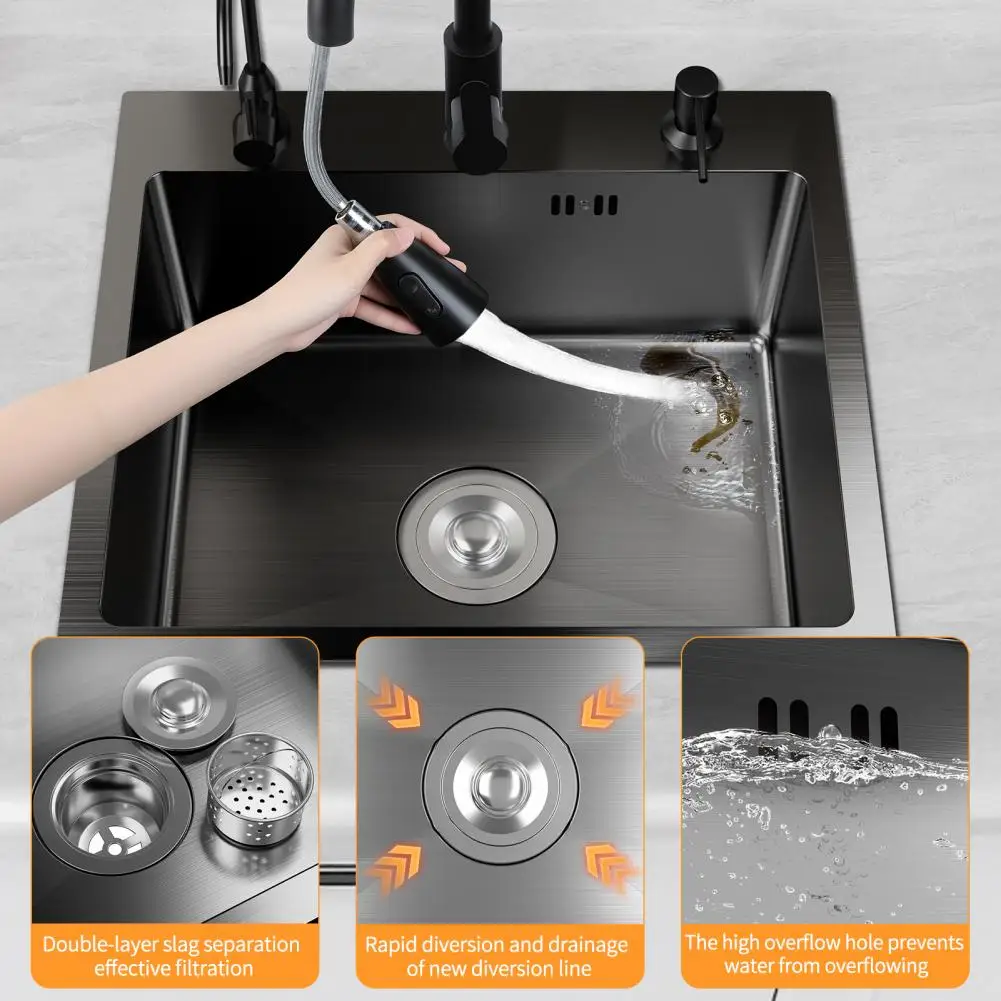 حوض مطبخ من الفولاذ المقاوم للصدأ باللون الأسود - وعاء واحد مع مجموعة صنبور، حوض محطة عمل زاوية لغسل الأطباق
