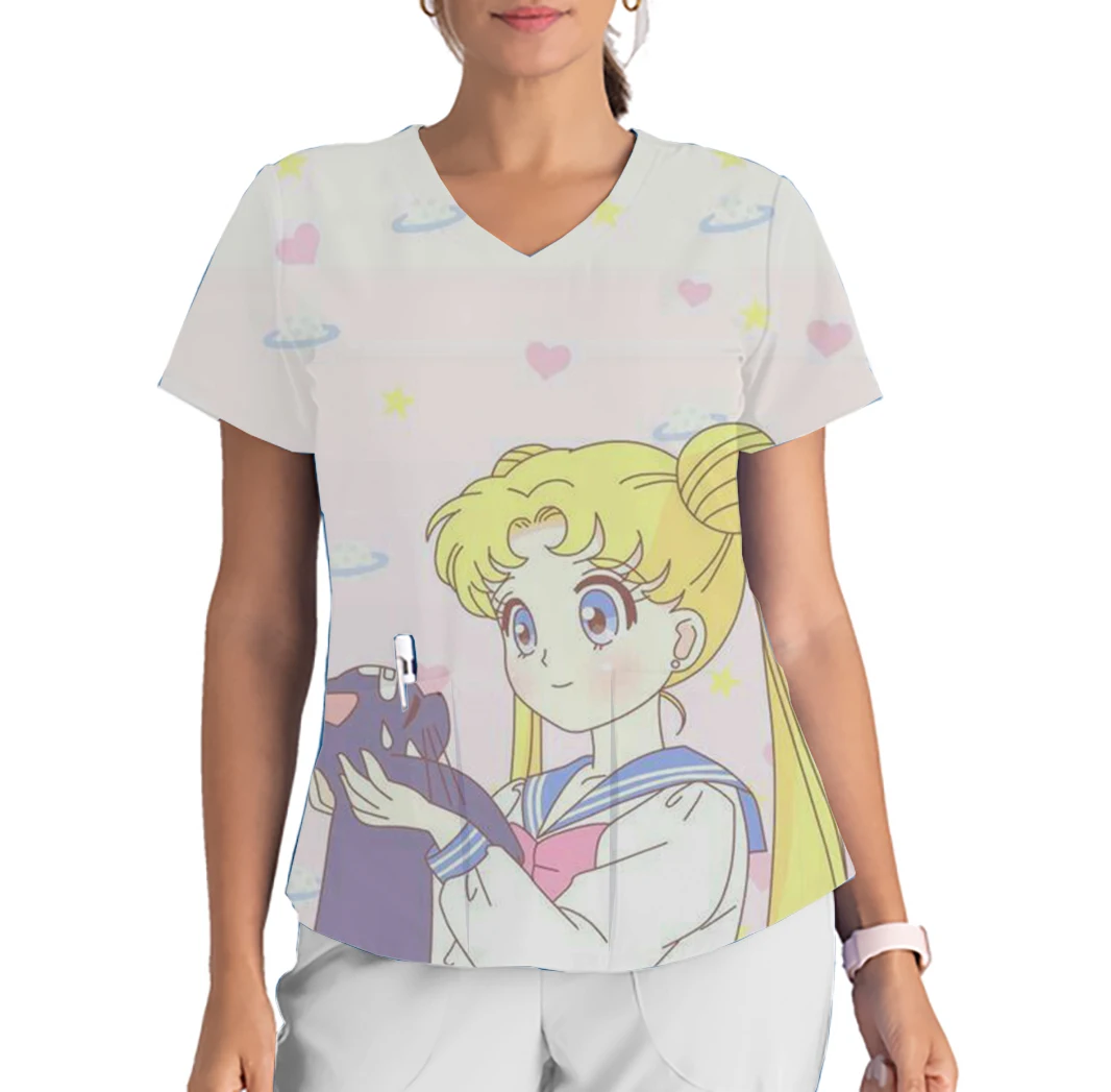 Sailor Moon – haut de gommage imprimé col en v, uniforme de travail d'affinité d'ophtalmologie à manches courtes, dessin animé, printemps et été