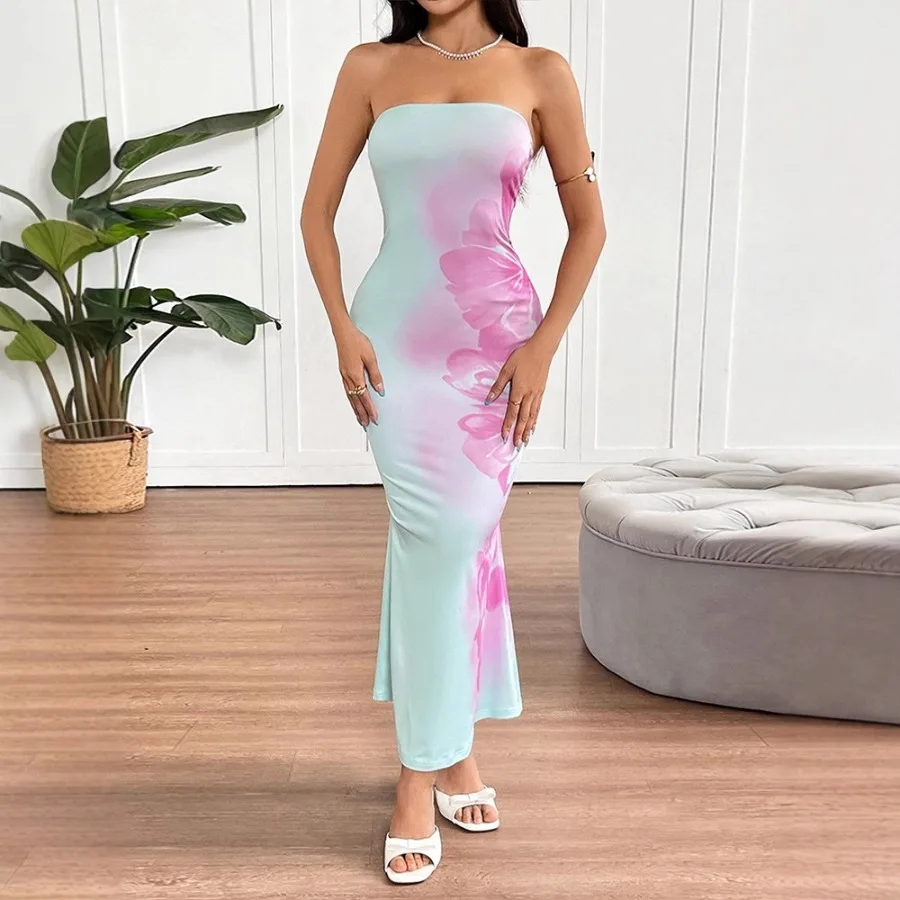 

【New style】Women's clothing summer new style sexy tube top slim color contrast print backpack hip dress