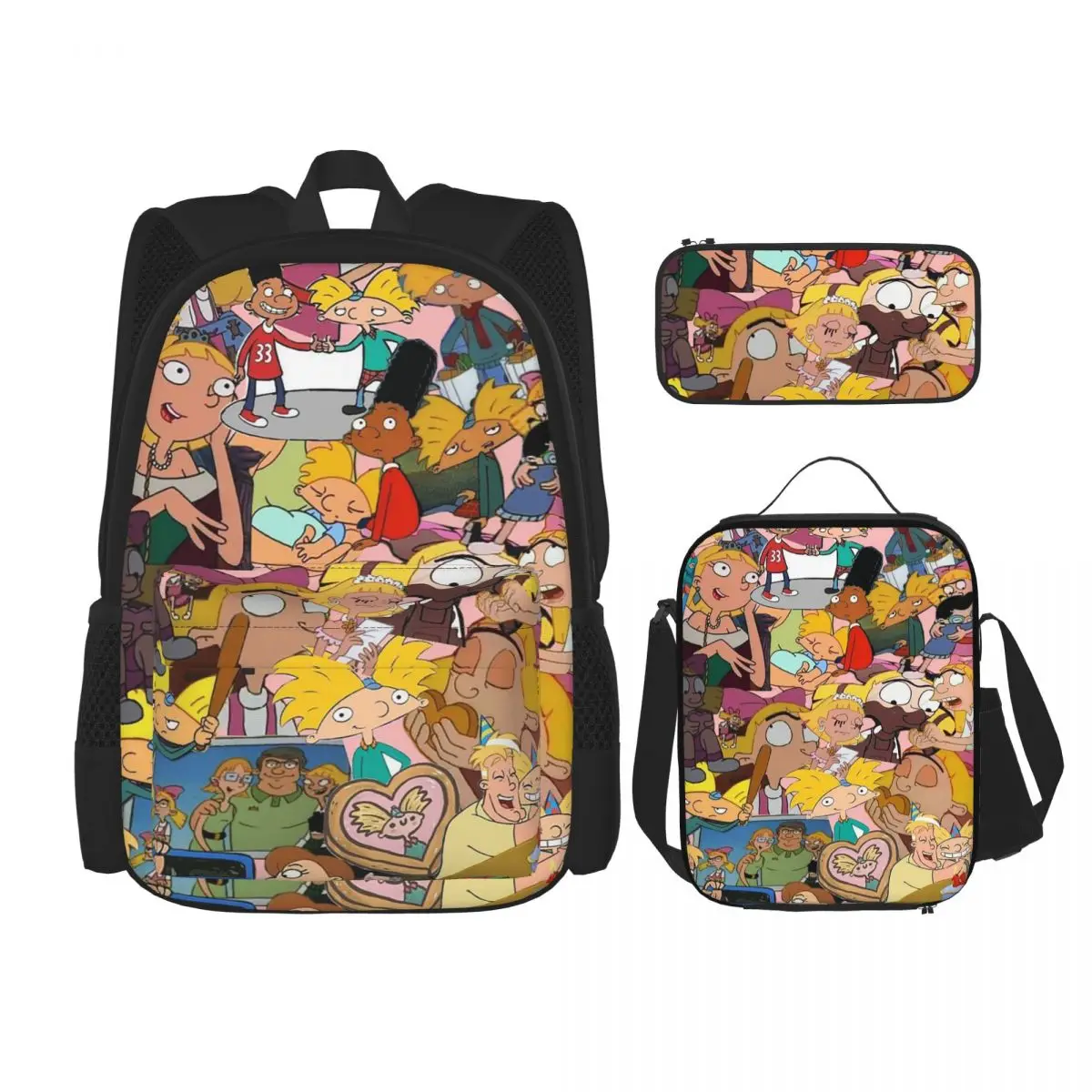 

Hey Arnold Cartoon Backpacks Kids Bookbag School Bags Rucksack Lunch Bag Pen Bag Three-Piece Set