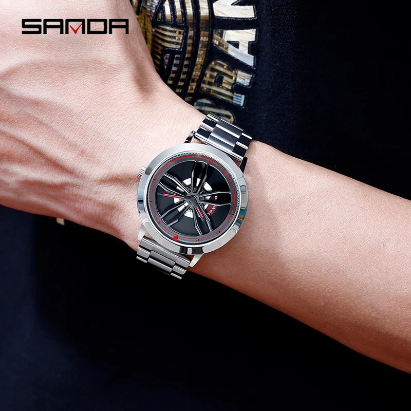 SANDA P1009 Rotation Rim Hub Sports Car Men Watches Waterproof Stainless Steel Wheel Quartz Wristwatch Male Relogio Masculino