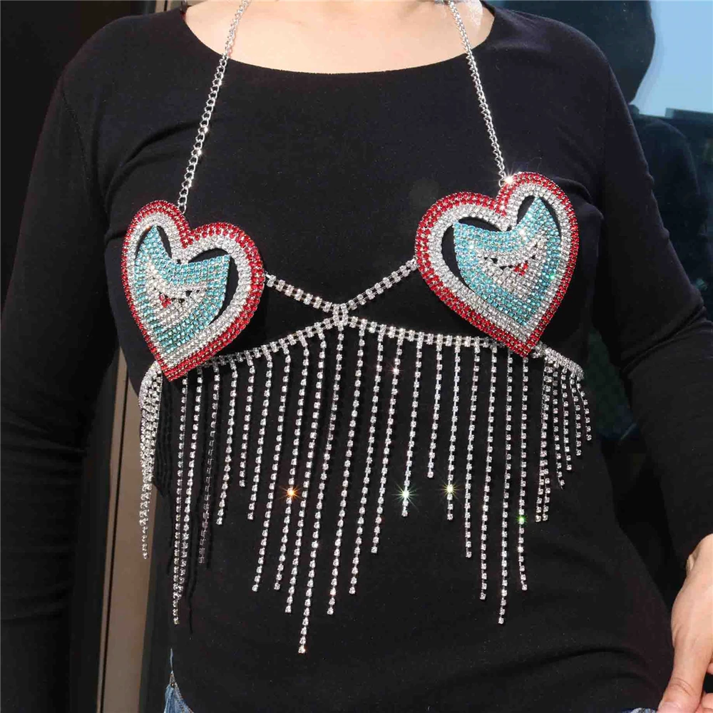 Handmade Big Heart Tassel Body Chain Jewelry Bra New Bohemian Beach Sexy Chest Chain Lingerie Exotic Stripper Accessories