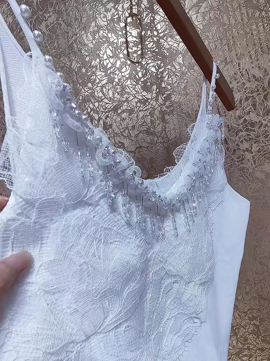 Luxury Beaded Crystal Tassel 2025 Summer Camisole Slim Vest Sexy Women Sleeveless Tee Tank Tops Female Solid White Crop Tops Y2k