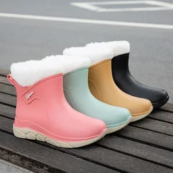Women's Waterproof Plush Chelsea Bootie Chelsea Boot Non-slip Lightweight Rain-boots Velvet Warm Water Shoes Ankle Rain Boots