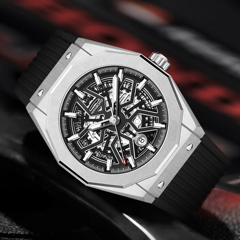 HANBORO The Big Bang fully automatic mechanical watch skeleton wheel dial waterproof luminous watch