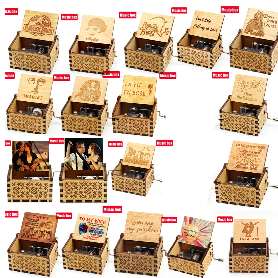 # # #   Gran oferta, caja de música con manivela de madera tallada antigua, caja de música con puntadas, figura de Bella y Bestia, regalo de cumpleaños y Navidad