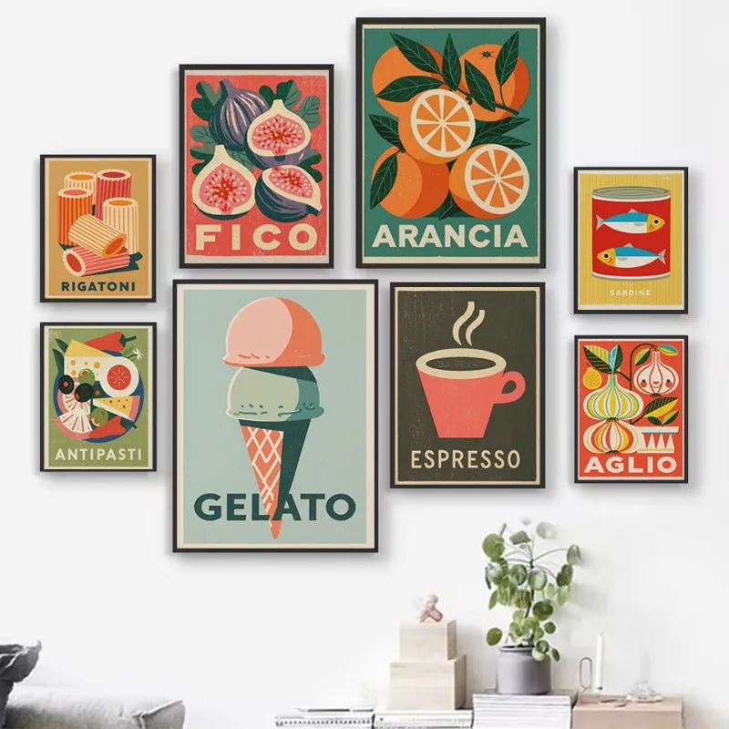 Italian Kitchen Tomato Fig Sardine Olive Gelato Vintage Food Illustration Poster Canvas Painting Wall Pictures Home Decor