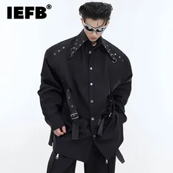 IEFB Shoulder Pad Design Men Shirt Personalized Ribbon Metal Decoration Solid Color Male Long Sleeve Top Autumn New Chic 9C4712