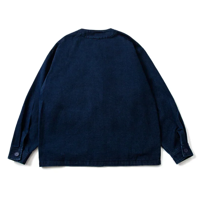 Japanese Minimalist Blue Dyed Cardigan Coat  Autumn New Item Collarless Casual Jacket Men's Trend