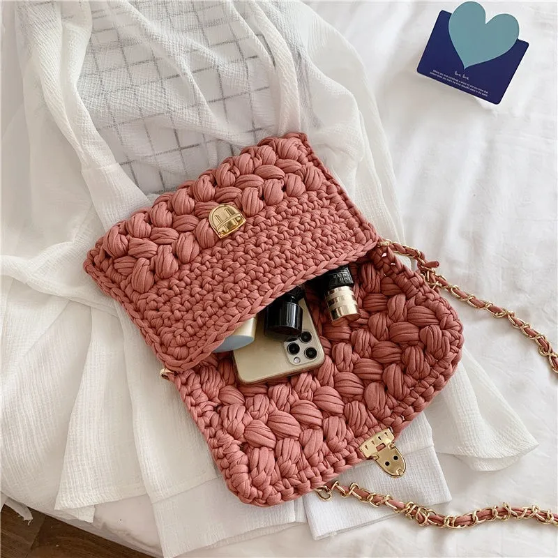 Handmade Woven Women\'s Crossbody Bags Thread Hook Knitted Shoulder Bag Colorful Strip Chains Bags for Women Small Purses 2021