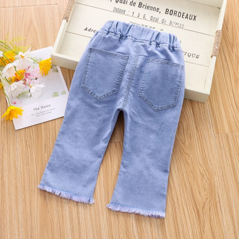 Children Jeans Girls Bow Cherry Decor Elastic Waist Denim Pant Toddler Kids Korean Style Chic Outing Seven-Point Trousers 2-7Y