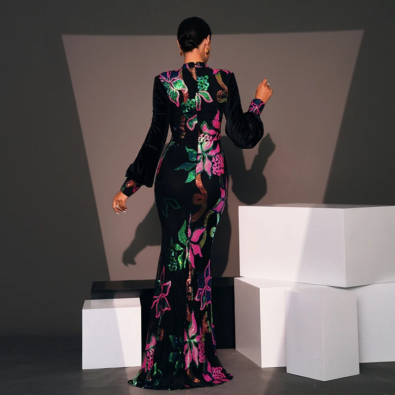 فستان نسائي أنيق بأكمام فانوس فستان طويل ، زهرة مقطوعة ، مطرز ، الكوكتيل للسيدات ، حفلة موسيقية ، حفلة مسائية ، طويلة ، جديدة ،