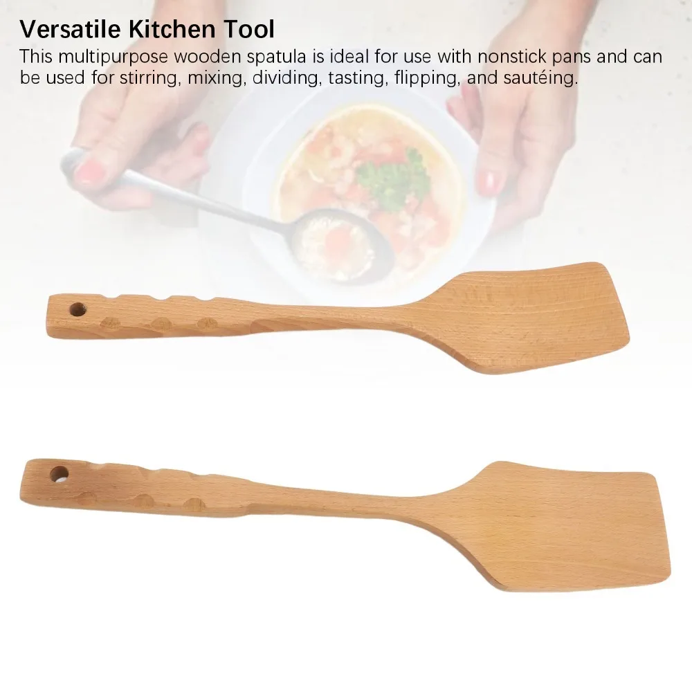 2Pcs Solid Wood Cooking Spatula Polished Burr‑free Non‑scratch Cookware Long‑handle Moderate Thin Flat Household Tableware