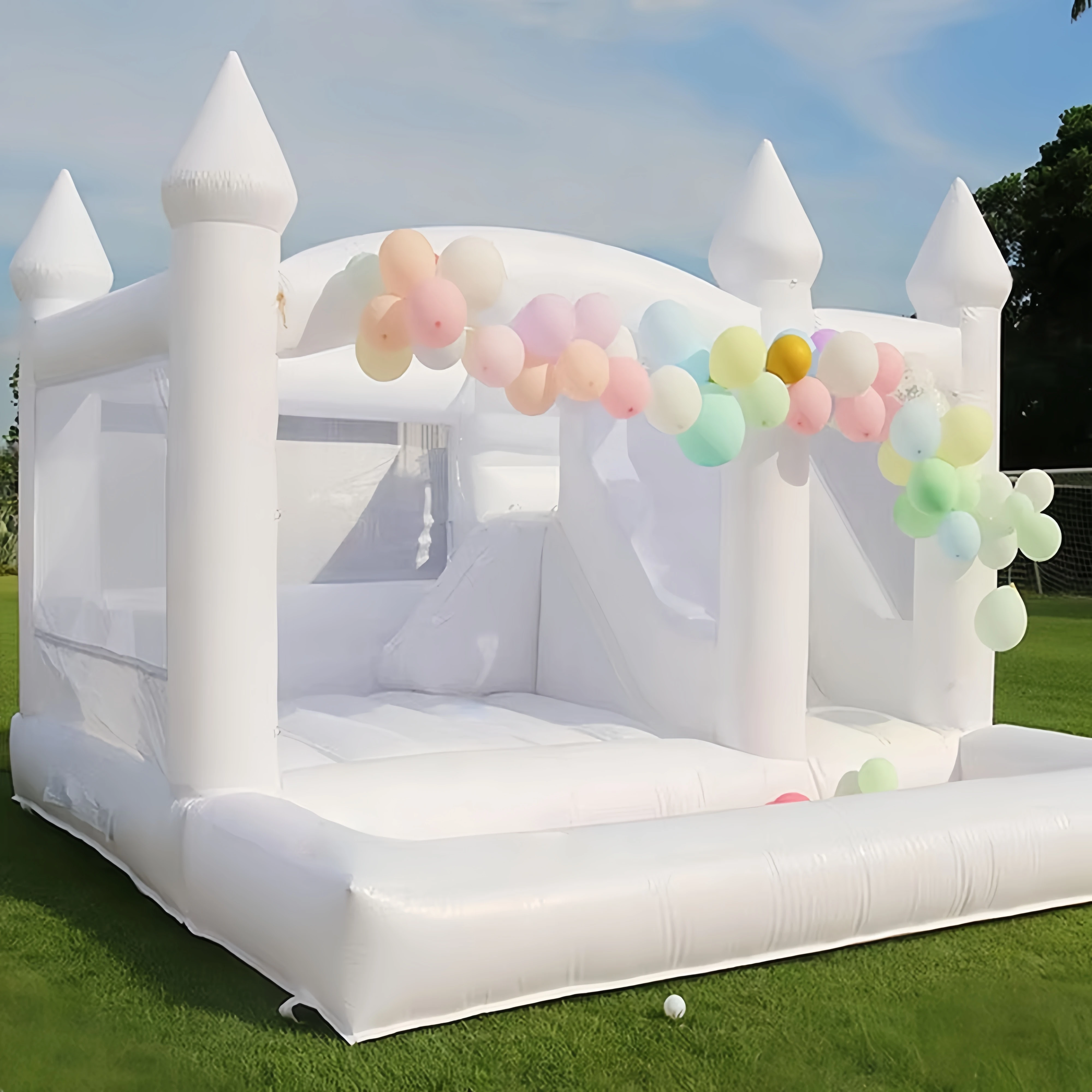 

Children's playground white inflatable bouncing castle with blower, suitable for party, outdoor white castle wedding decoration